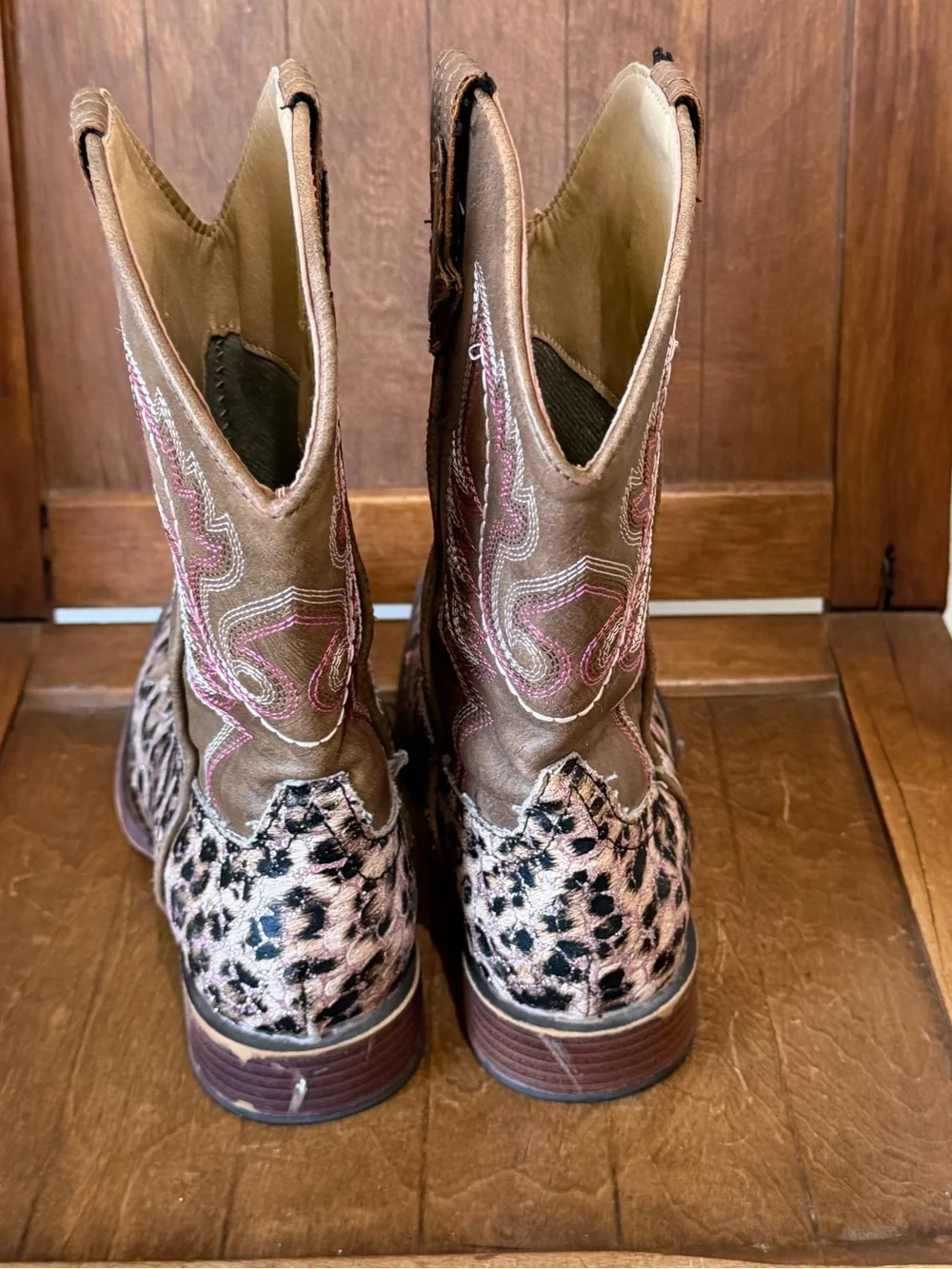 Roper Kids Pull-On Cowboy Boots in Cheetah Pink Print Brown Girls Size 2